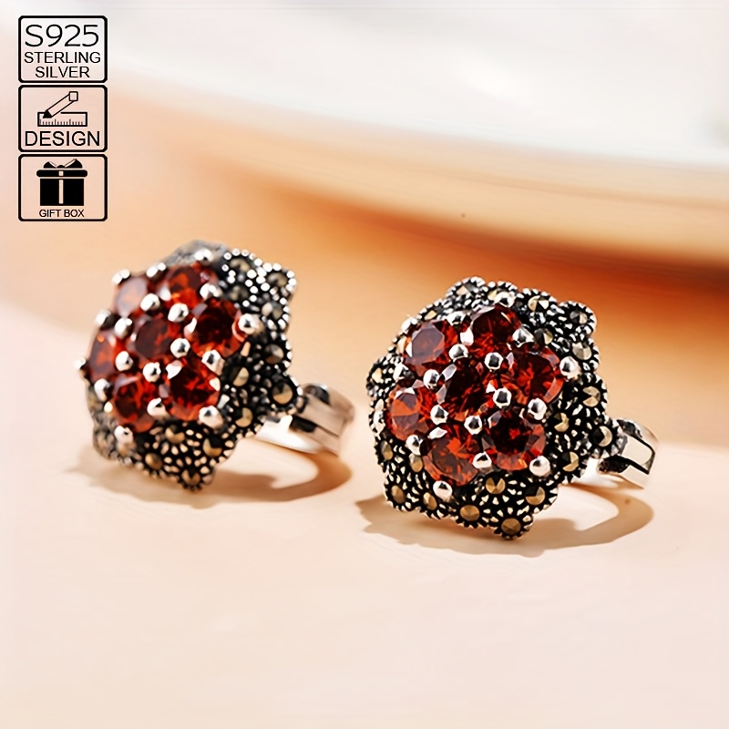 925 Sterling Silver Flower Garnet Earrings Hypoallergenic